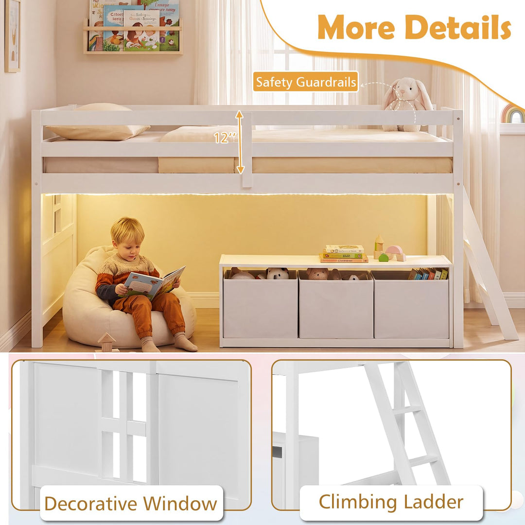Giantex Kids Low Loft Bed Twin Size with LED Lights