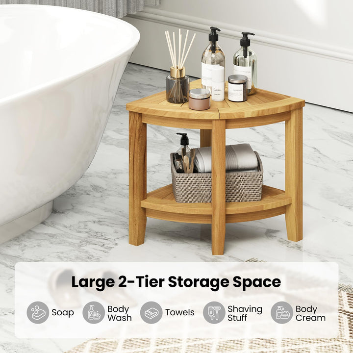 Giantex Corner Shower Stool - Teak Wood Shower Bench Seat with Storage Shelf for Shaving Legs