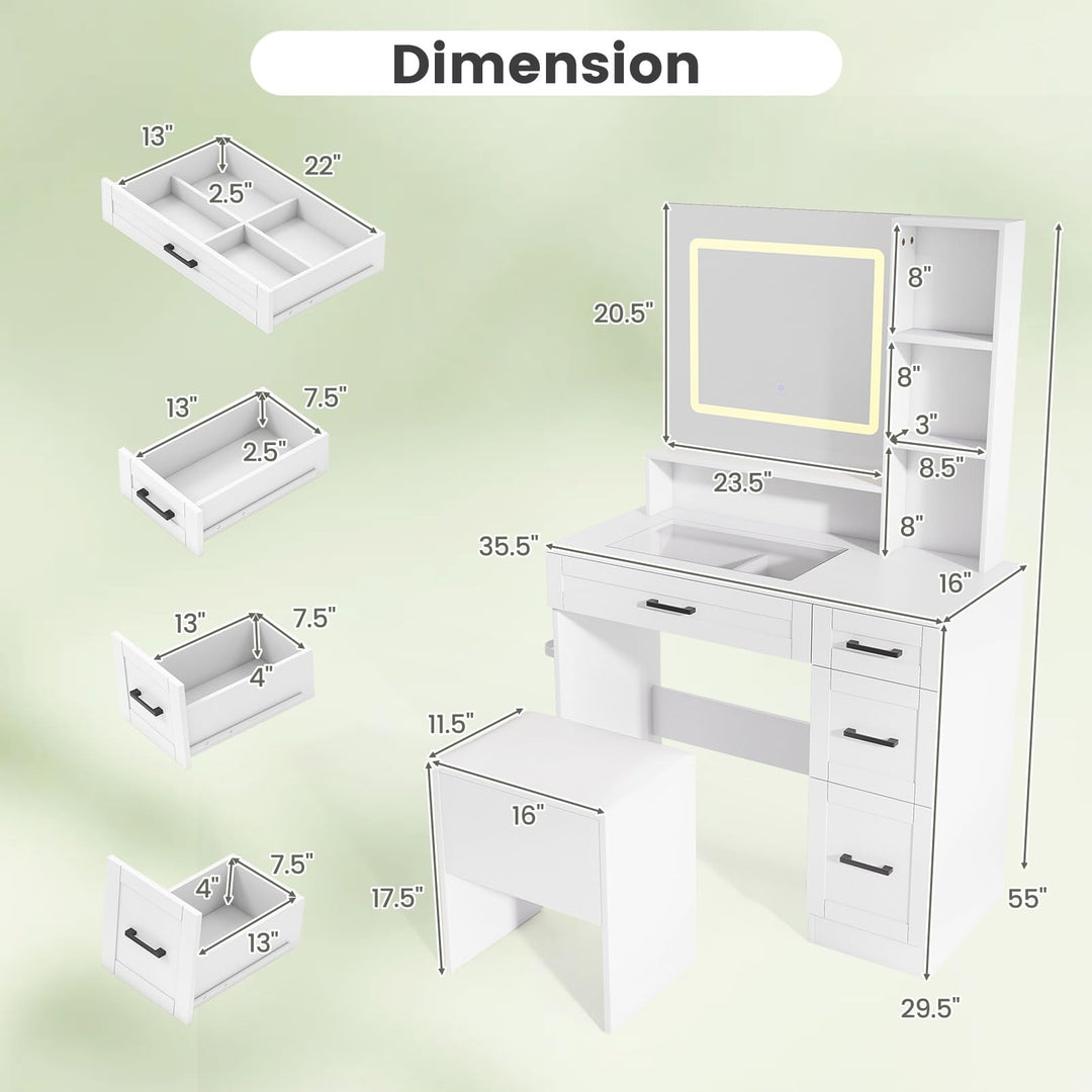 Vanity Desk with Mirror and Lights with Charging Station