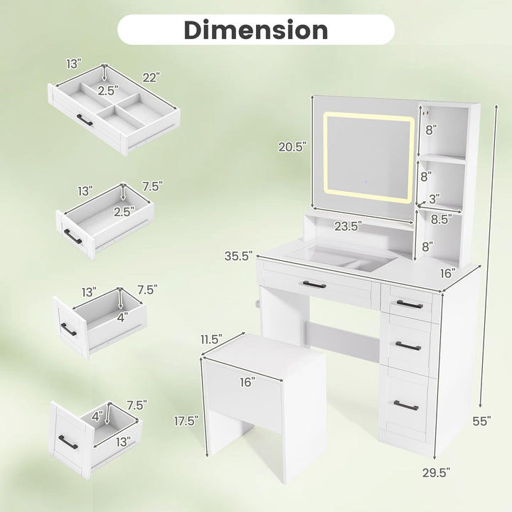Vanity Desk with Mirror and Lights with Charging Station