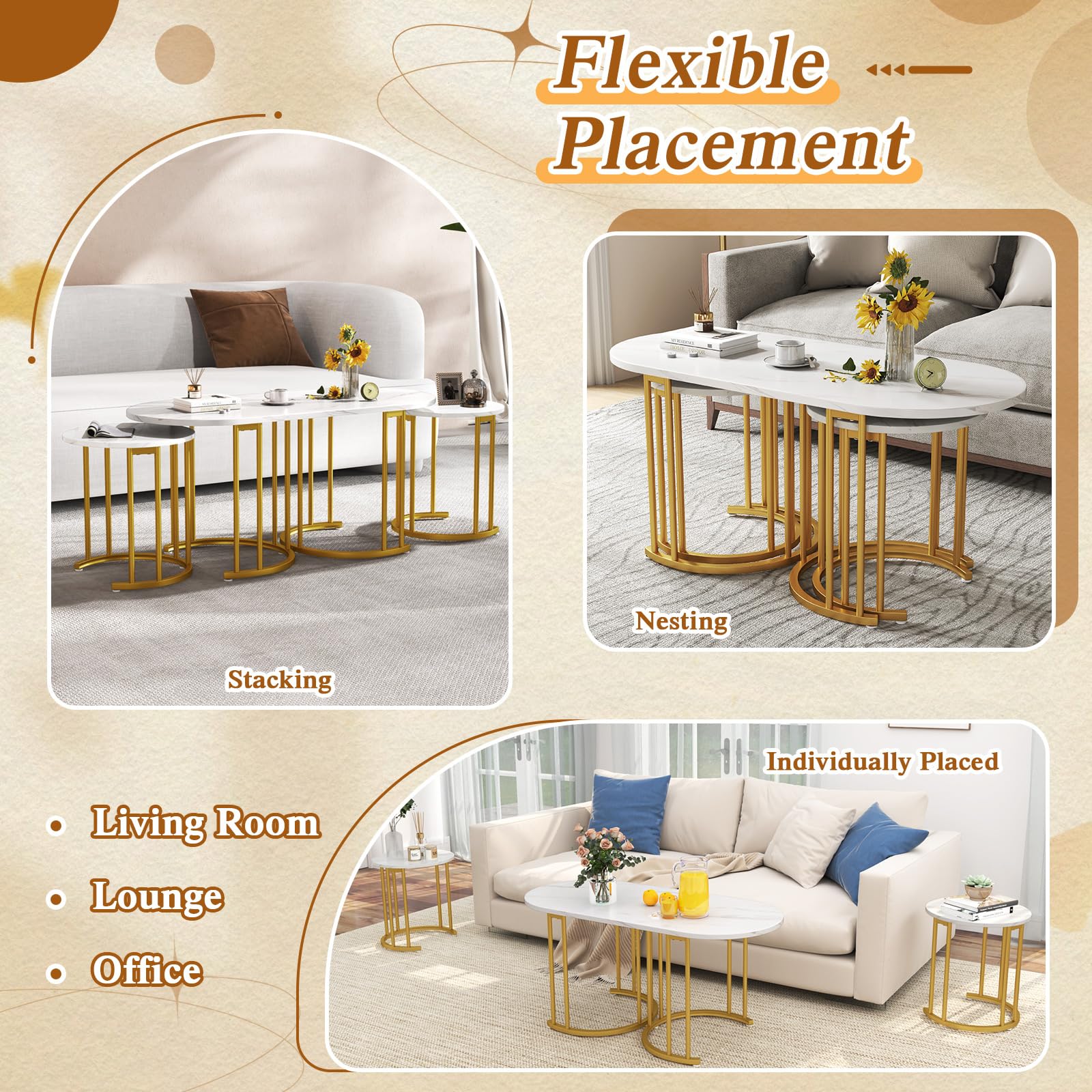 Giantex Nesting Coffee Table Set of 3, Stacking Side Tables with Faux Marble Tabletop & Gold Metal Frame
