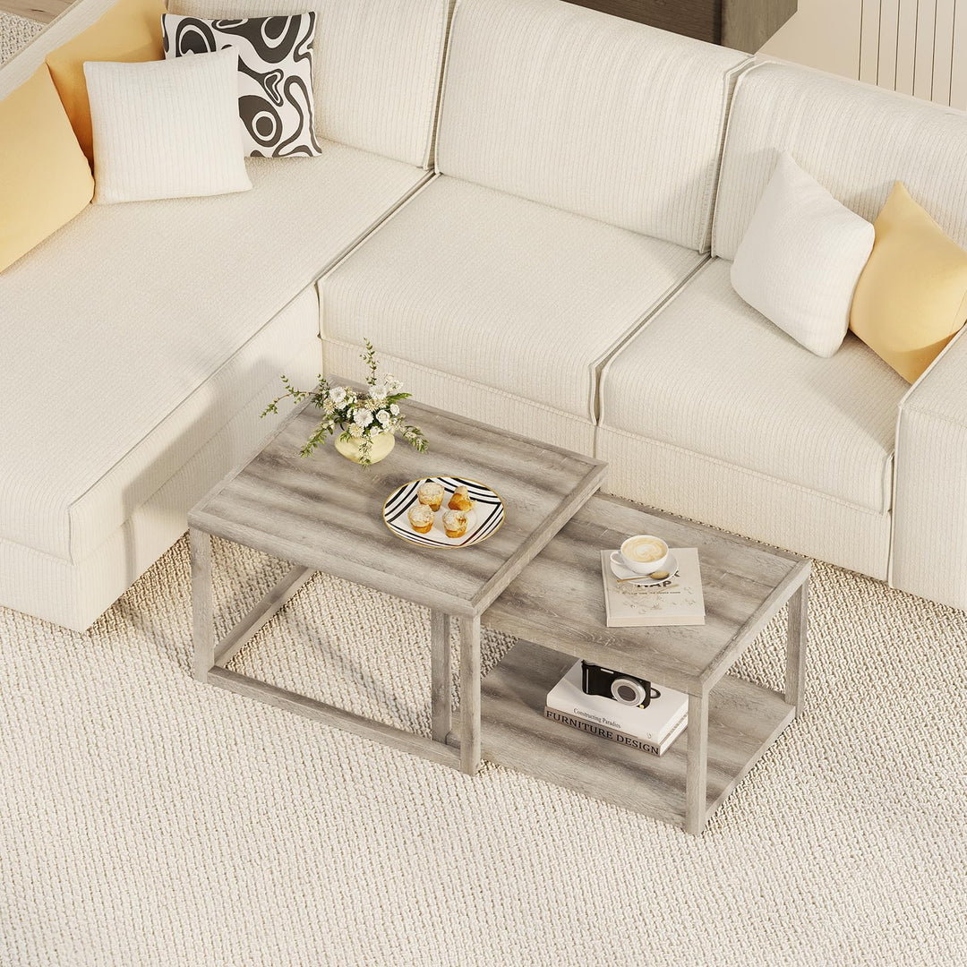 Giantex Nesting Coffee Tables Set of 2 with Storage Shelf Rubber Wood