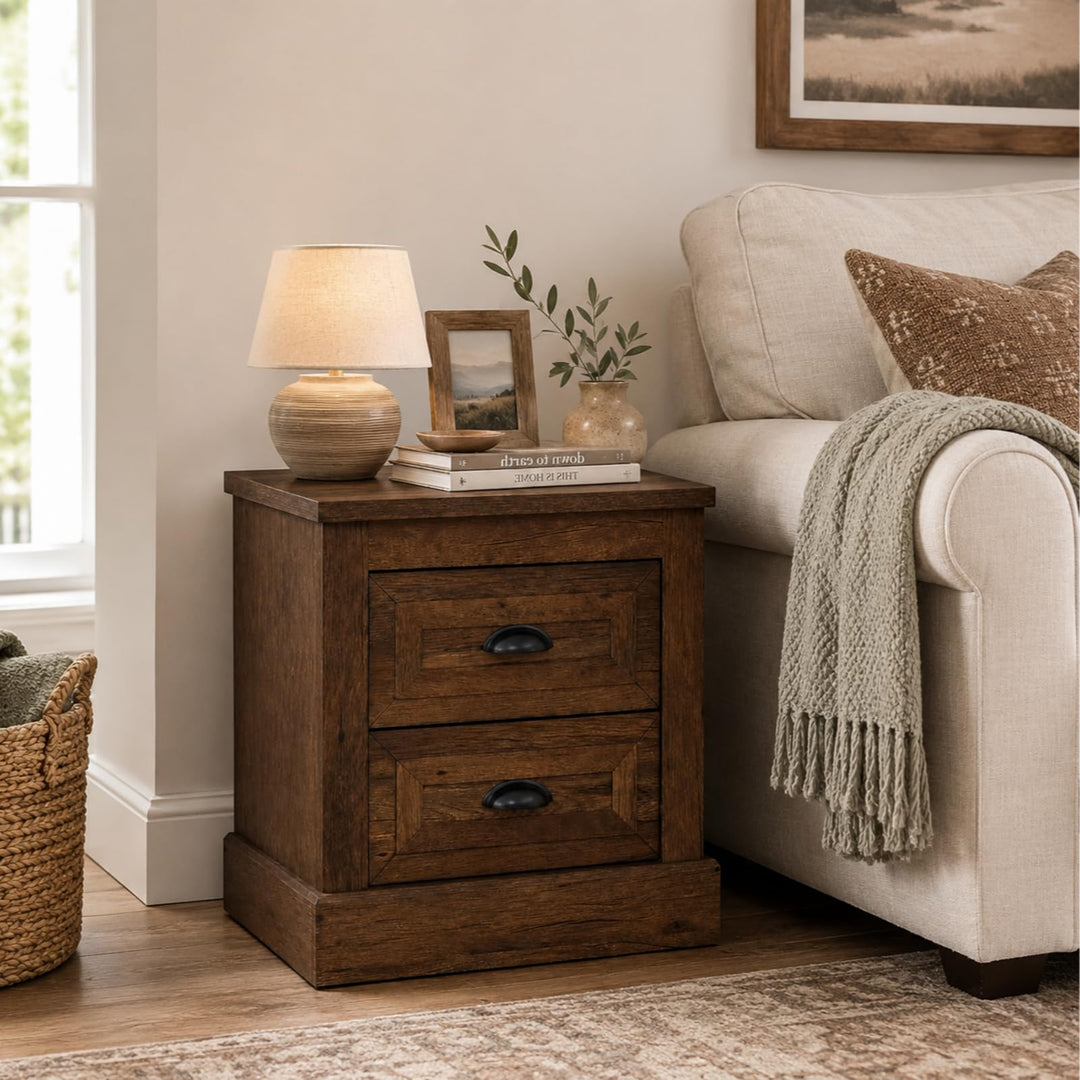 GIANTEX Farmhouse Nightstand With 2 Storage Drawers For Bedroom