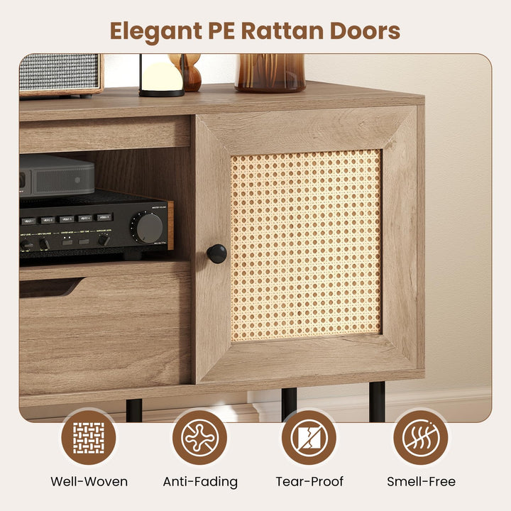 Giantex Boho TV Stand for 50-60 Inch TV with Storage Cabinets Drawer & PE Rattan Doors