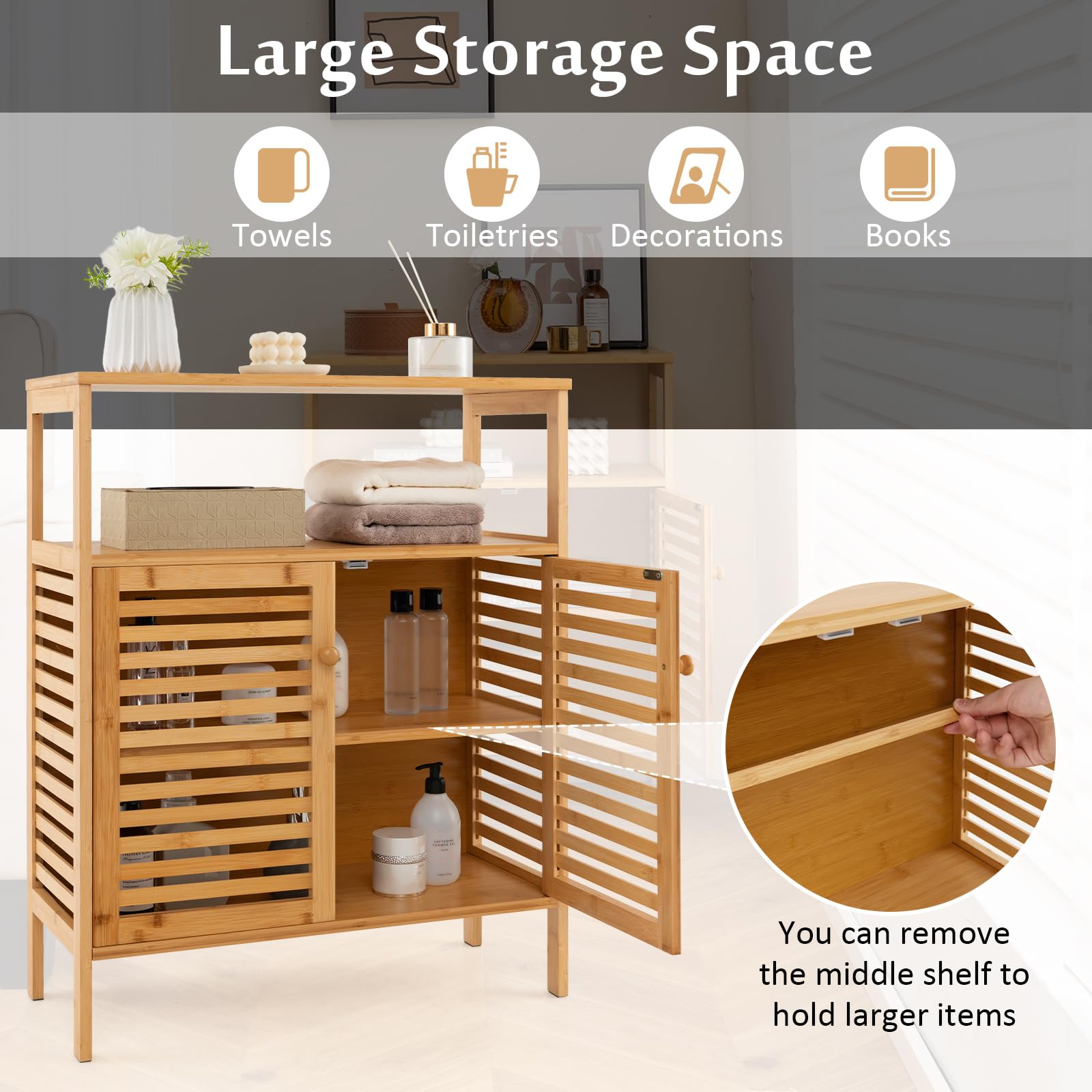 Giantex Storage Cabinet, Bamboo Bathroom Floor Cabinet with Double Louvered Doors