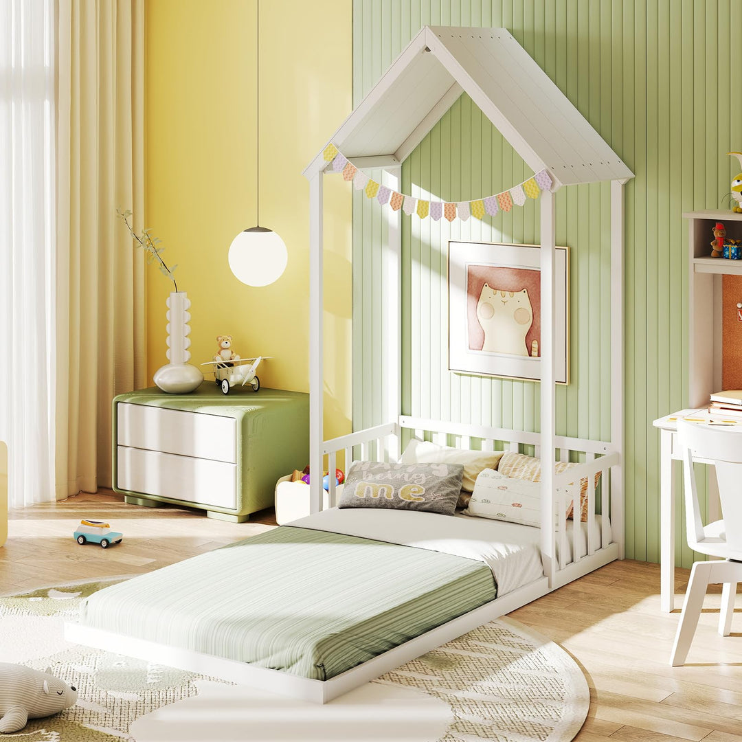 Giantex Twin Size House Bed Montessori Floor Bed with House Shape Roof & Semi-Fence