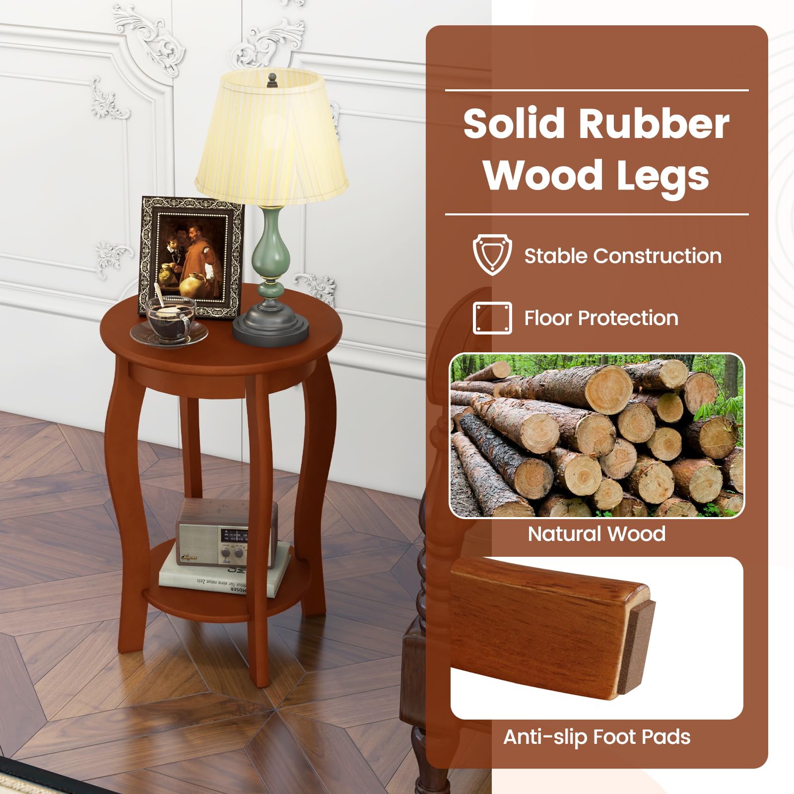 Giantex 2-Tier Round End Table, Narrow Tiered Telephone Table with Storage Shelf, Solid Wood Legs