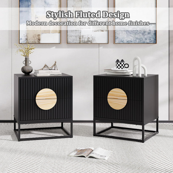 Giantex Fluted Nightstand with 2 Drawers with Natural Circle Handle & Metal Frame