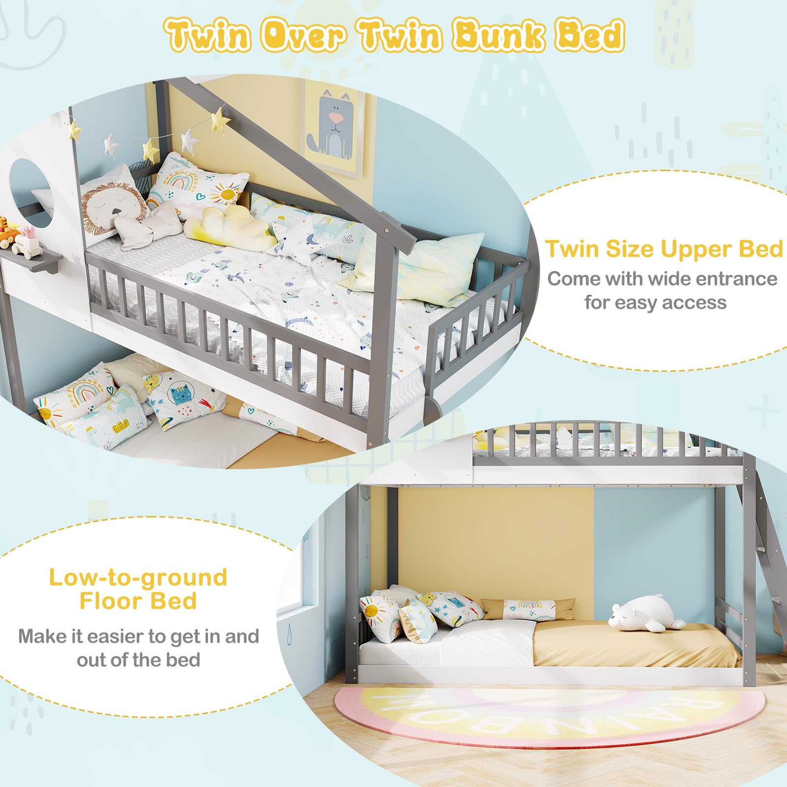 Giantex Solid Wood Floor Bunk Bed with Ladder and Full-Length Guardrails