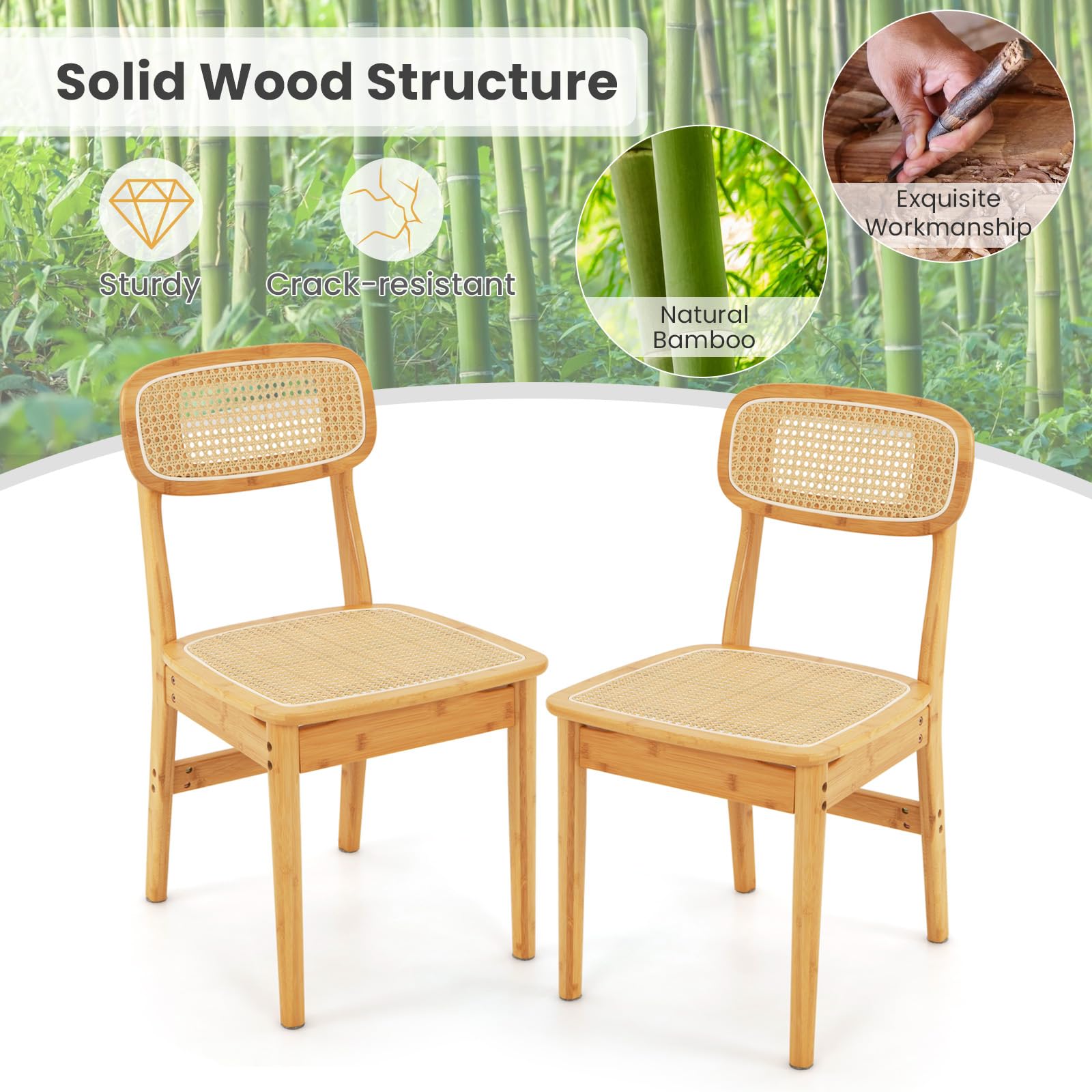 Giantex Rattan Dining Chairs Set of 2, Boho Cane Kitchen Chairs, Max Load 300 Lbs