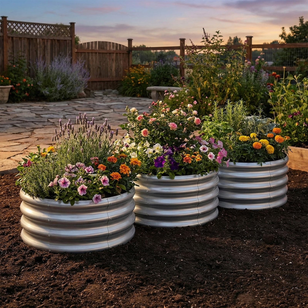 Giantex Galvanized 2 x 2 x 1 FT Round Outdoor Planter Box with Open-Ended Base (1/2)