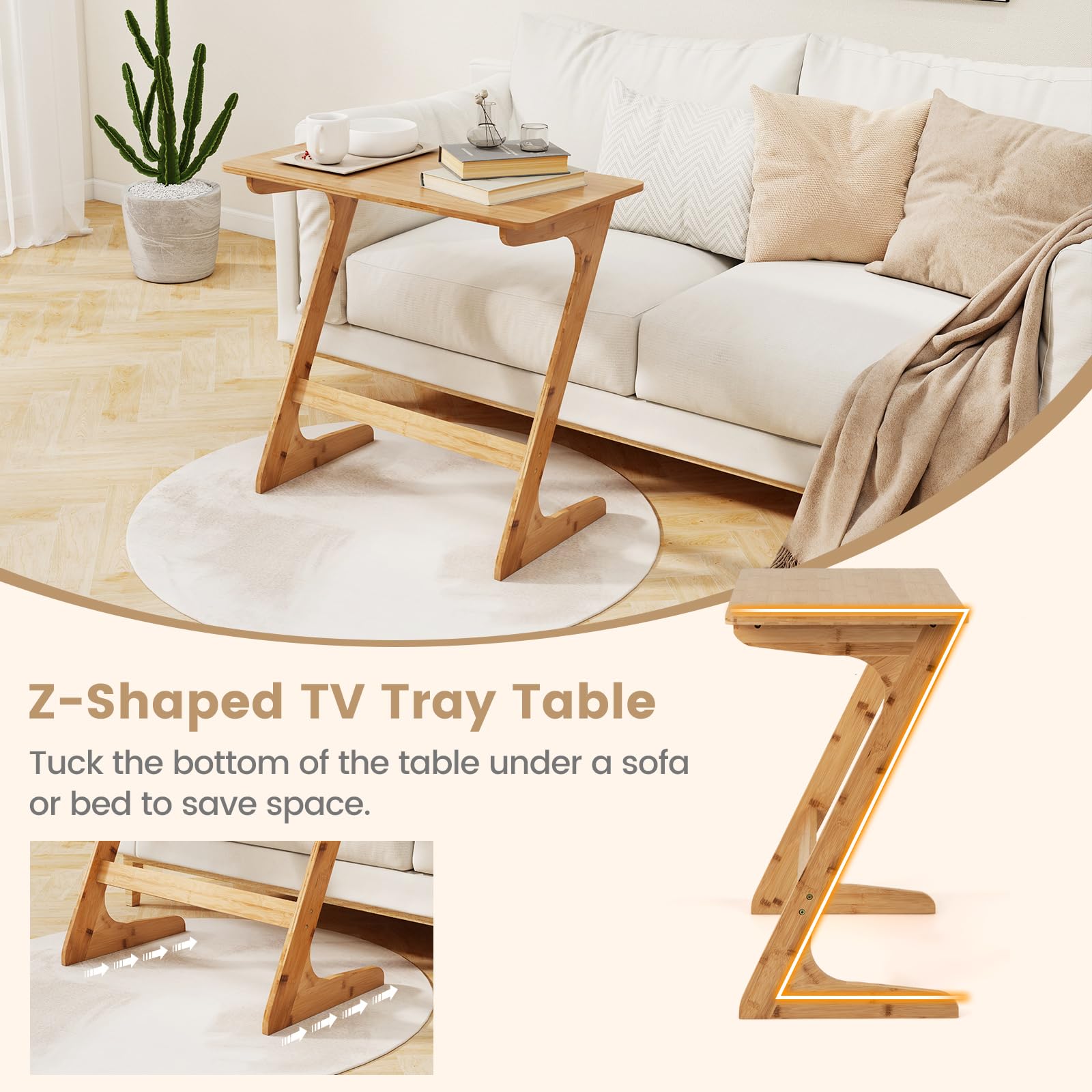 Giantex Bamboo TV Tray Table, Z Shaped Sofa Couch Side Table for Eating Snacks Coffee Laptop