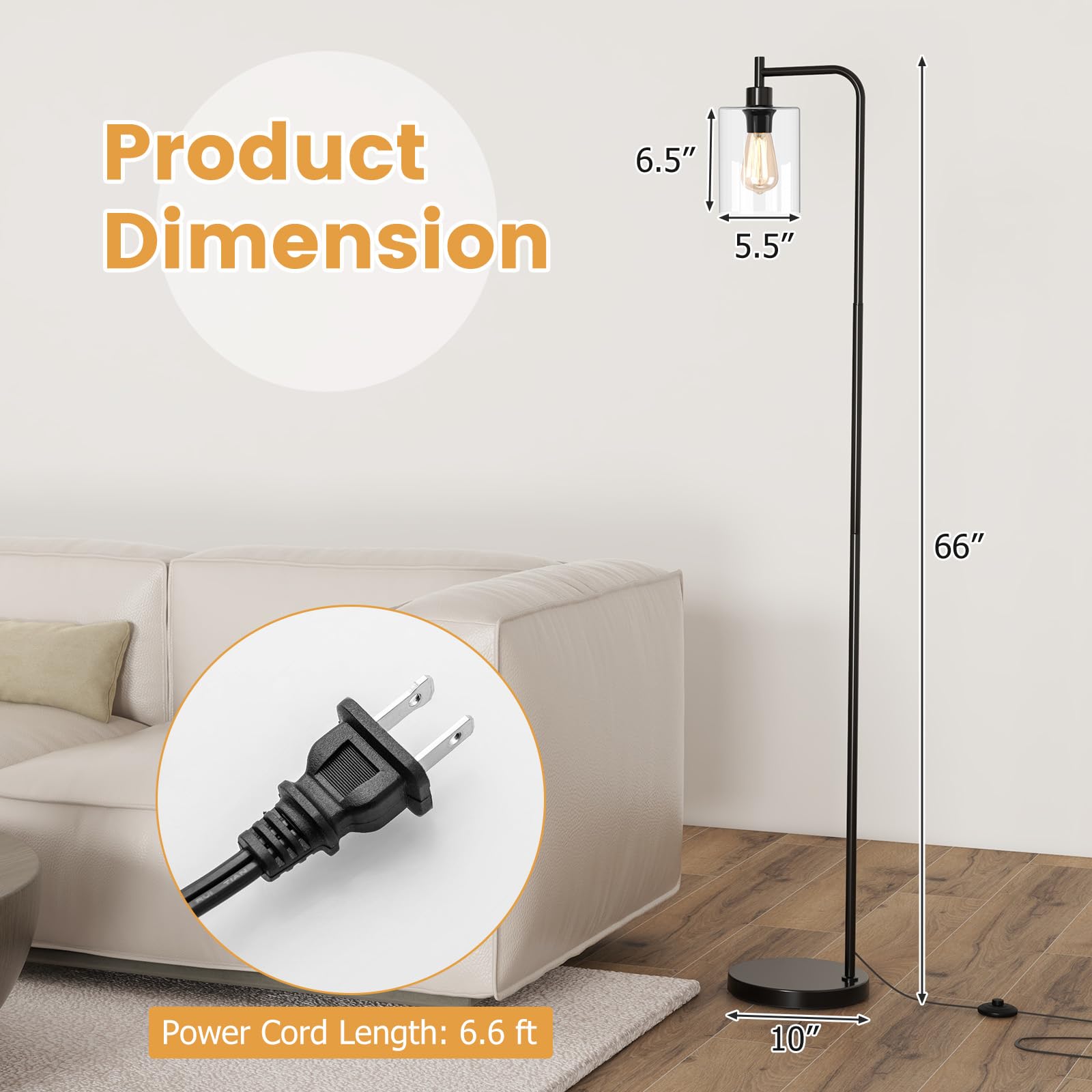 Giantex Industrial Floor Lamp, 66" Tall Pole Lamp with Clear Glass Lampshade