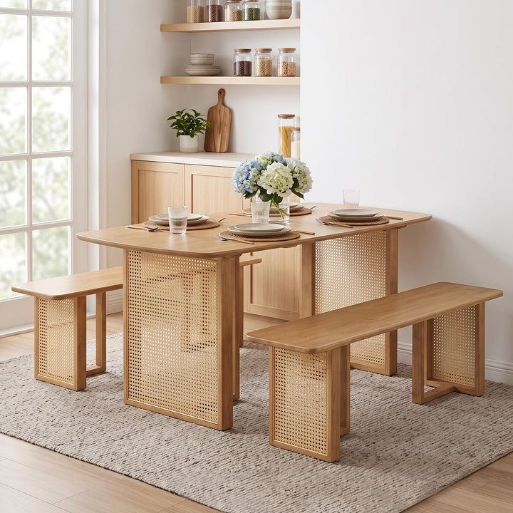 GIANTEX 55" Solid Rubber Wood Dining Table for 4-6 with Rattan Pedestal