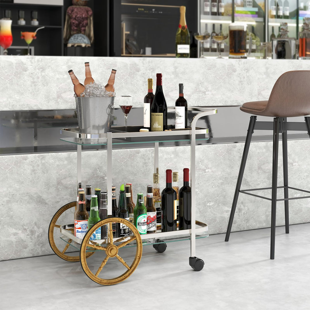 Giantex 2-Tier Bar Cart, Stylish Rolling Serving Cart w/Tempered Glass Shelves