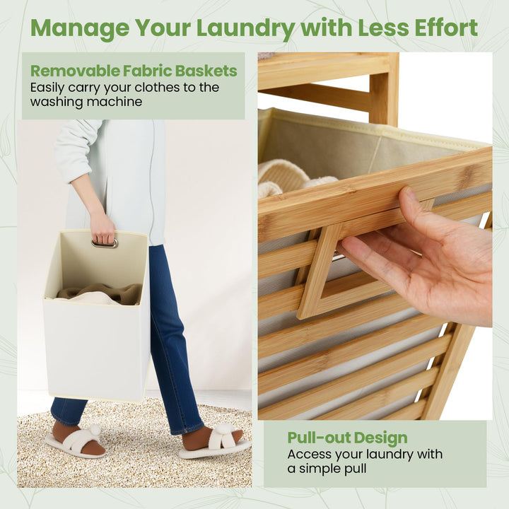 Giantex 20 Gal Bamboo Tilt Out Laundry Hamper with 2 Removable & Foldable Fabric Bins