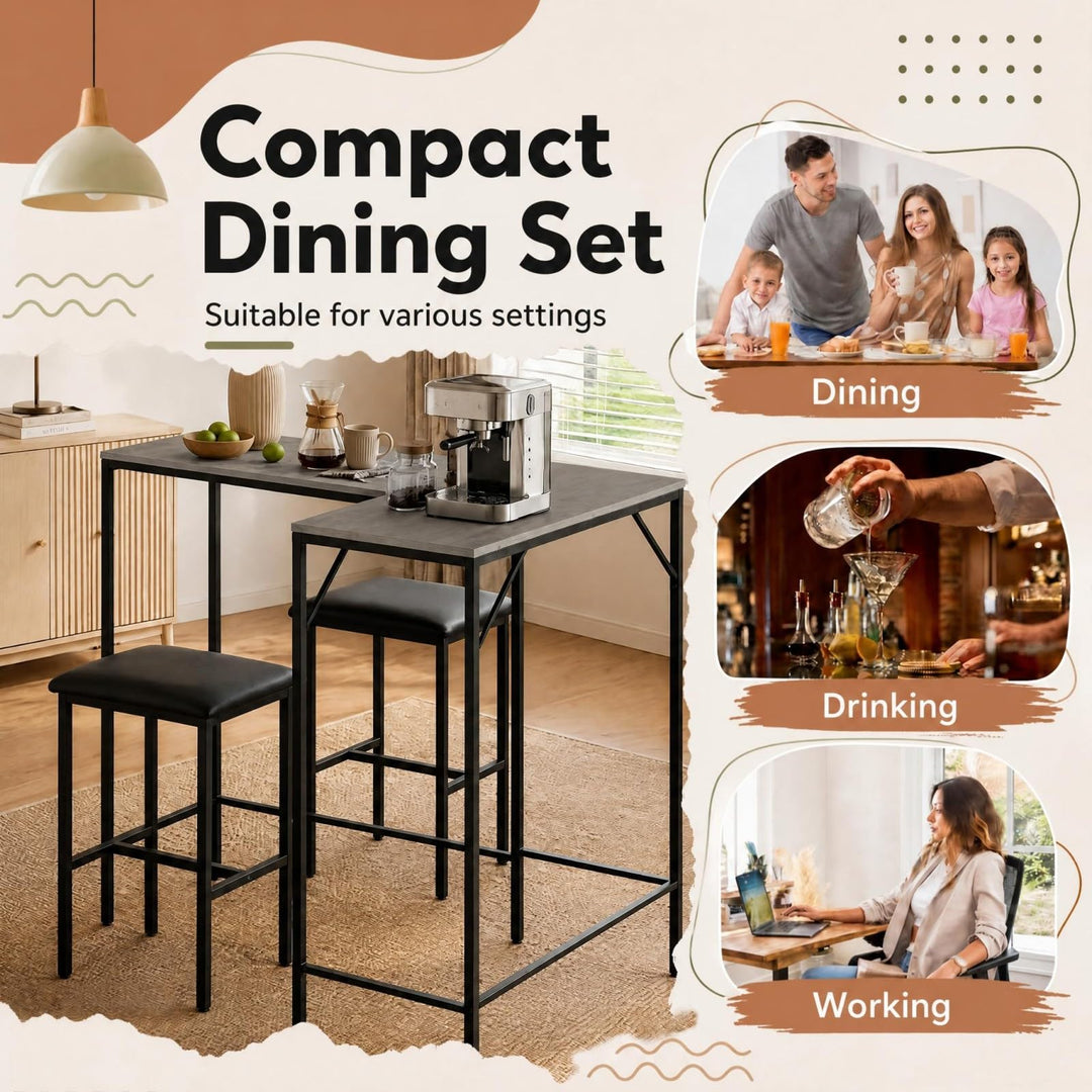 3-Piece Convertible L-Shaped Kitchen Table Chair Set with 2 AC Outlets  USB Port and Type-C Port