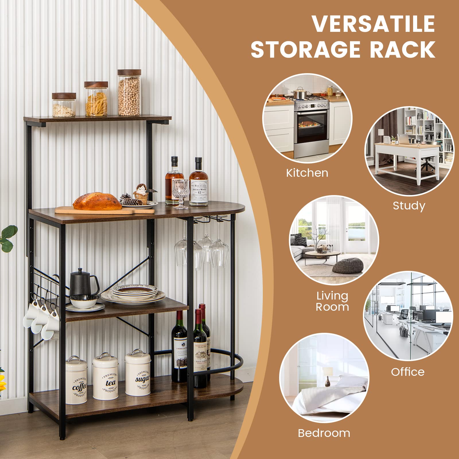 Giantex Kitchen Bakers Rack, 4-Tier Microwave Stand with 6 Hooks & Stemware Racks (Rustic Brown)