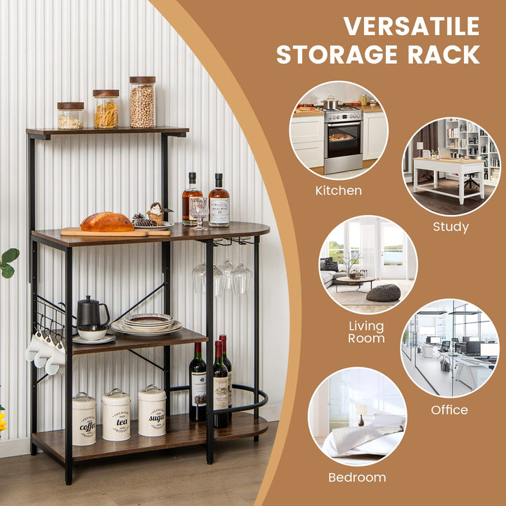 Giantex Kitchen Bakers Rack, 4-Tier Microwave Stand with 6 Hooks & Stemware Racks (Rustic Brown)