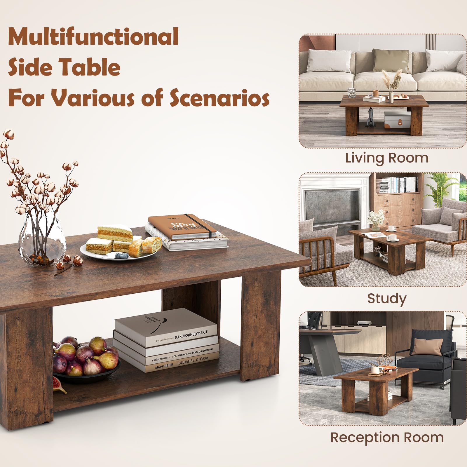 Giantex Rectangle Wood Center Table, 41" L 2-Tier Large Modern Tea Table w/Open Compartment