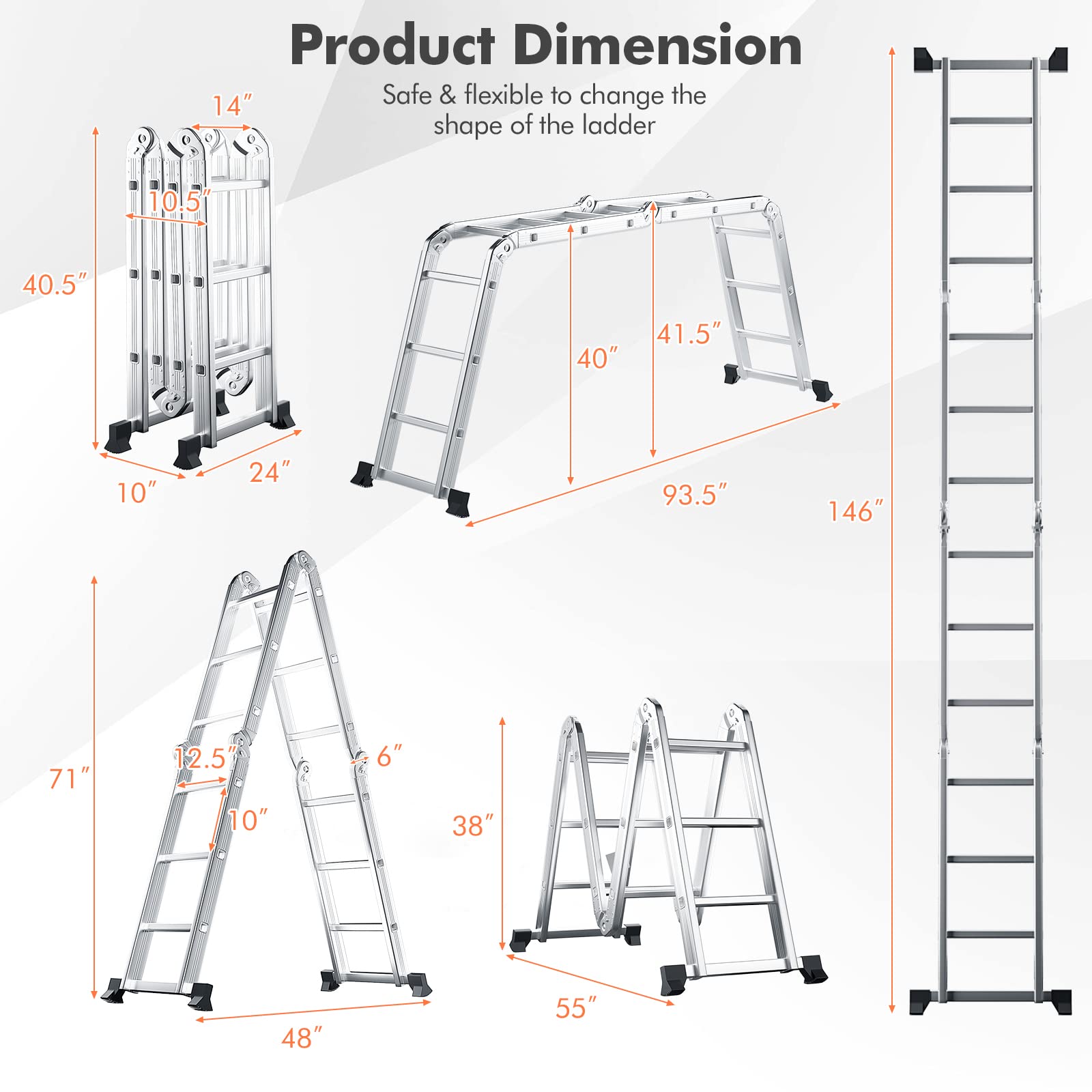 7 in 1 Folding Extension Ladders,Extendable Scaffold Aluminum Step Ladder 330LB (12.2 Ft)