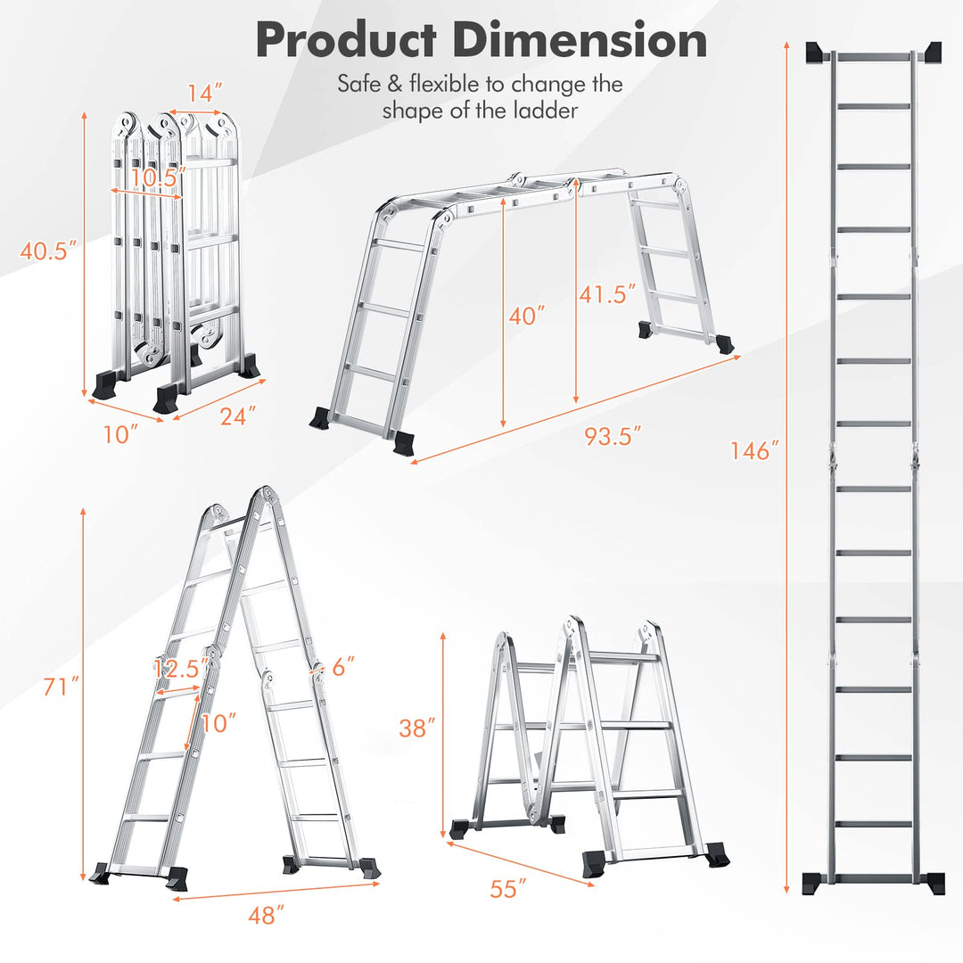 7 in 1 Folding Extension Ladders,Extendable Scaffold Aluminum Step Ladder 330LB (12.2 Ft)
