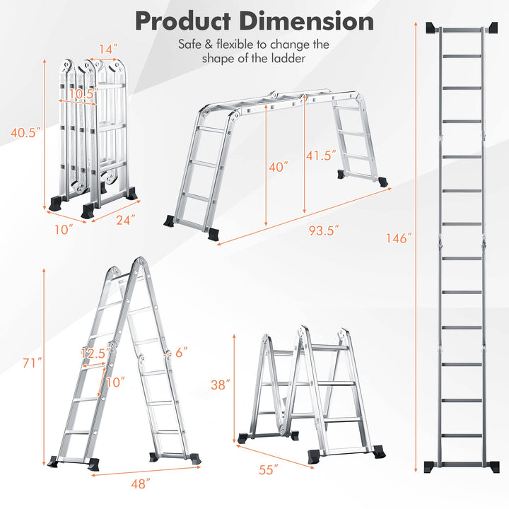 7 in 1 Folding Extension Ladders,Extendable Scaffold Aluminum Step Ladder 330LB (12.2 Ft)