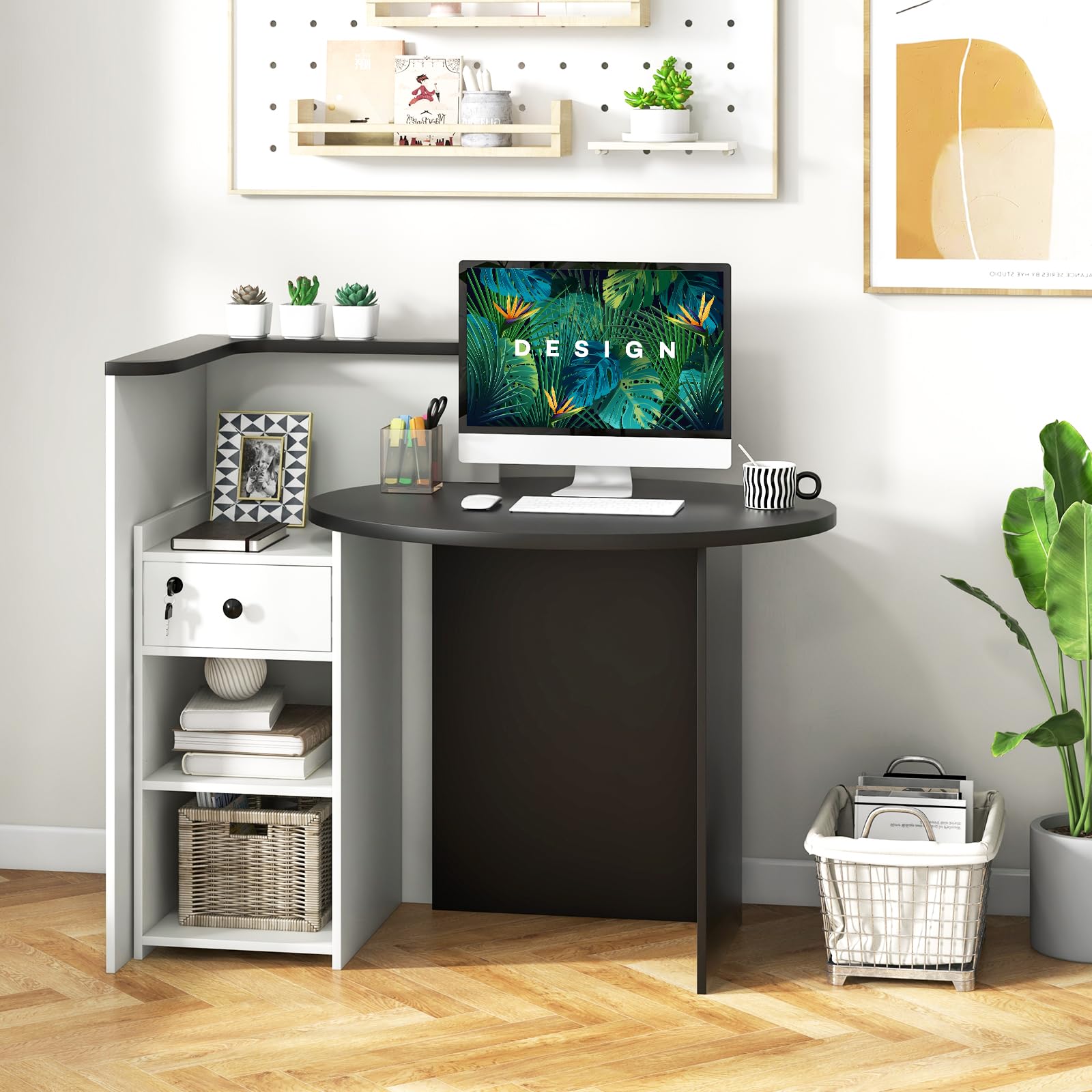 Giantex Reception Desk, Front Counter Desk with Lockable Drawer, Checkout Table with Round Tabletop