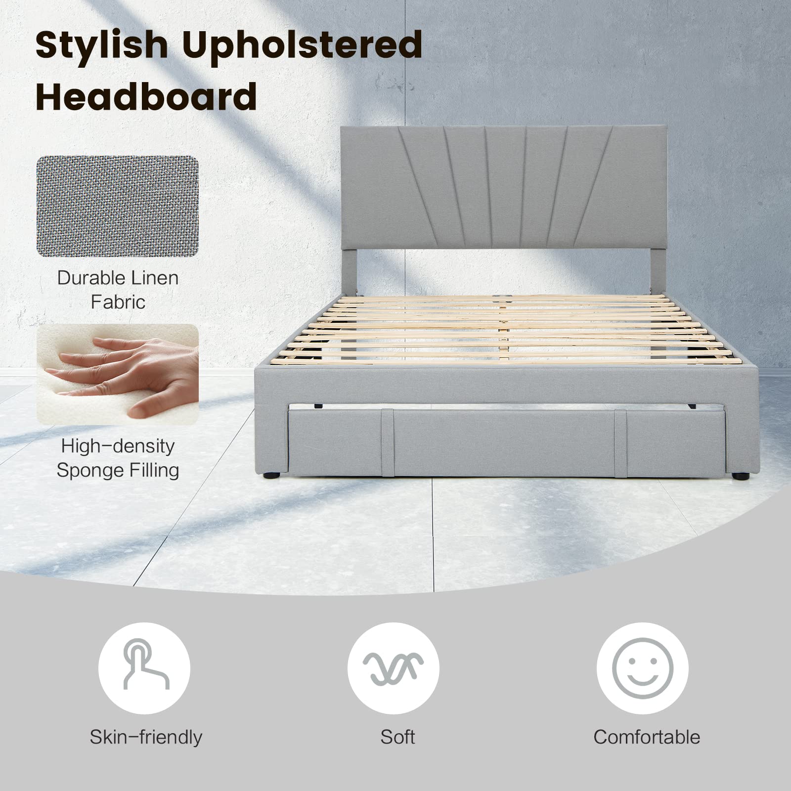 Giantex Upholstered Queen Bed Frame with Drawer, Modern Platform Bed with Storage & Adjustable Headboard
