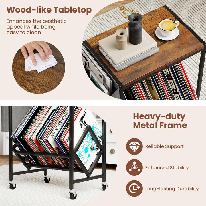 Giantex Rolling Record Player Stand 2-Tier with Vinyl Storage and Magazine Holder Bag