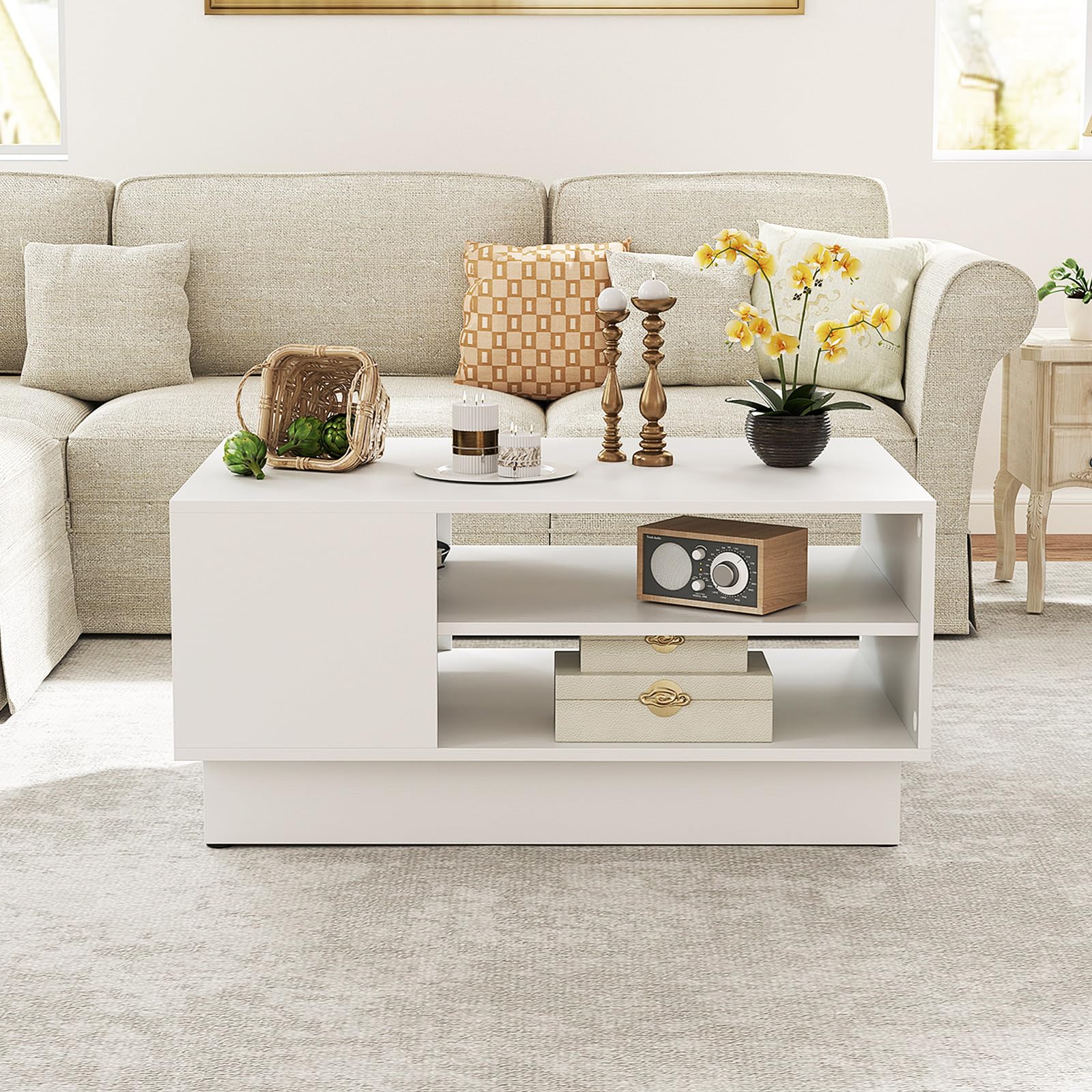 Giantex Coffee Table with Storage, Rectangle Accent Sofa Table with Shelf & Elevated Base
