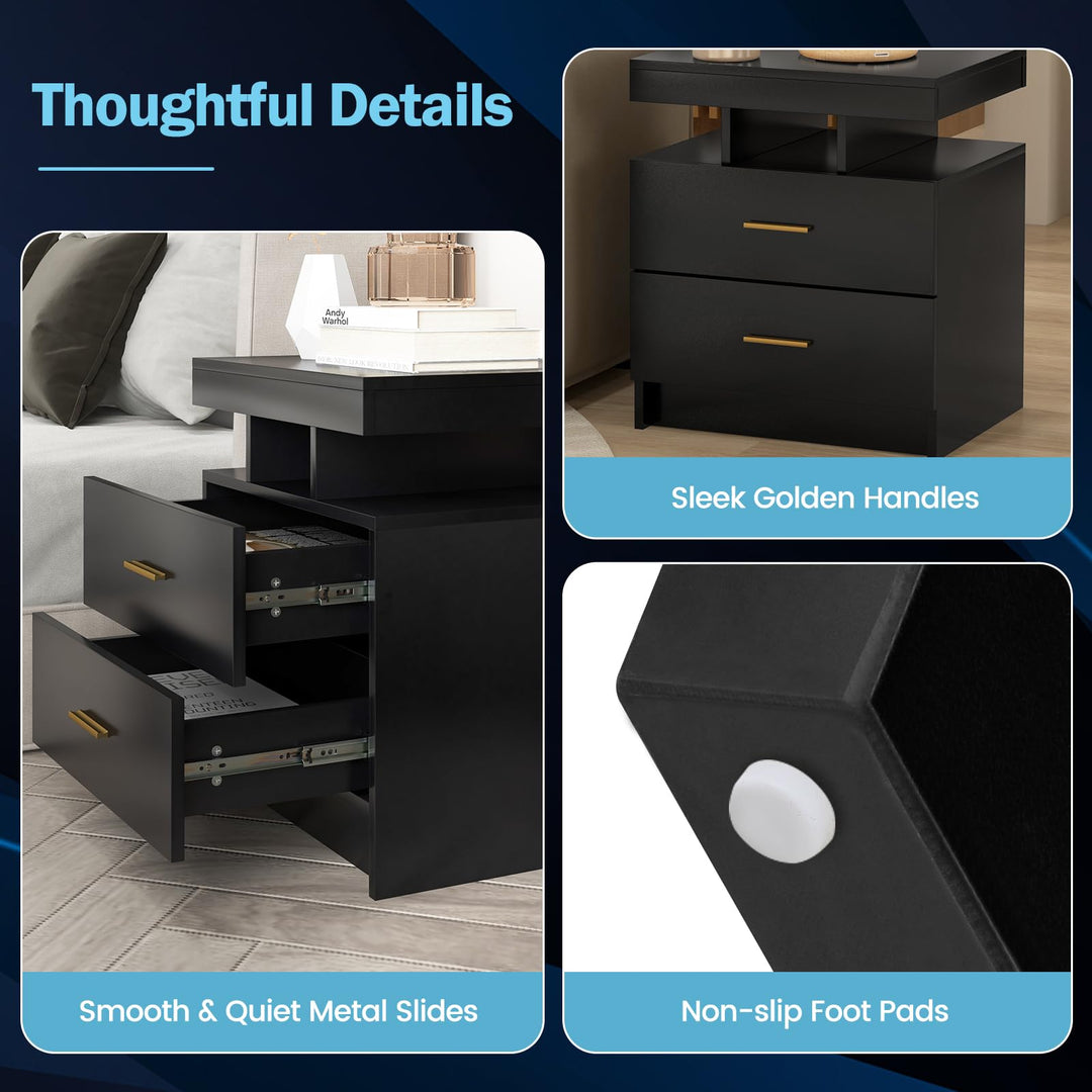 Giantex LED Nightstand, Modern Black Bedside Tables with 2 Storage Drawers