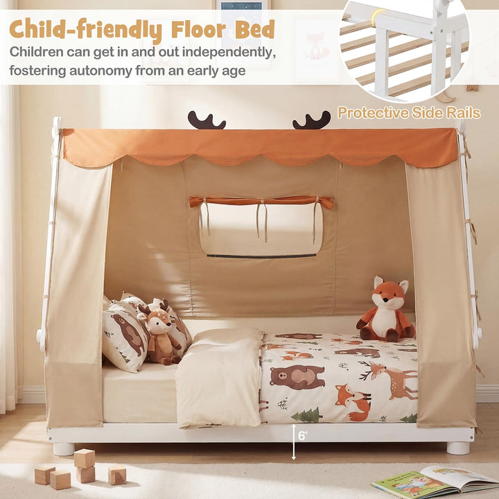 Giantex Twin Size House Floor Wood Bed with Tent