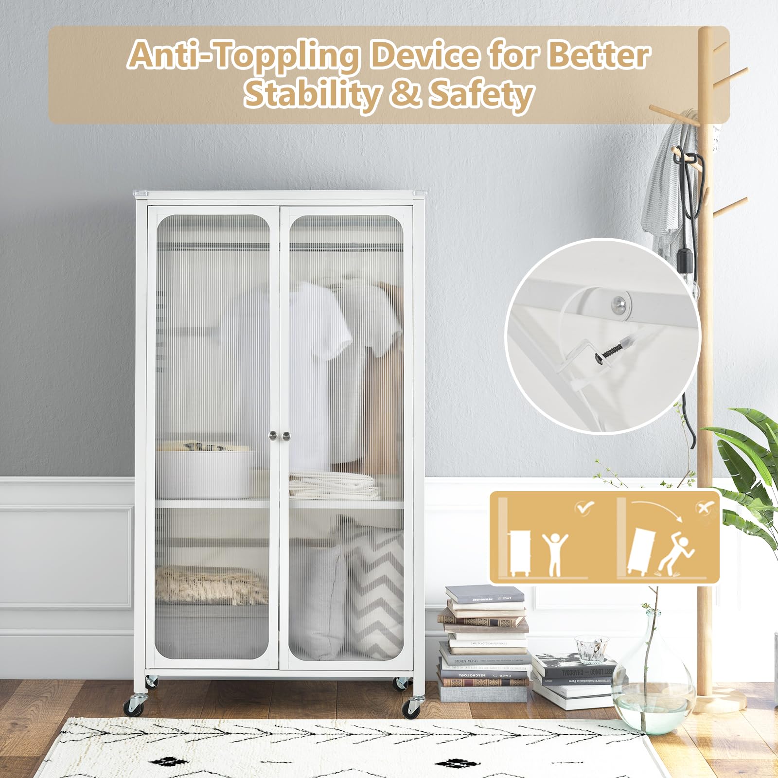 Portable Closet with Rollers, Mobile Metal Armoire Closet with Hanging Rod