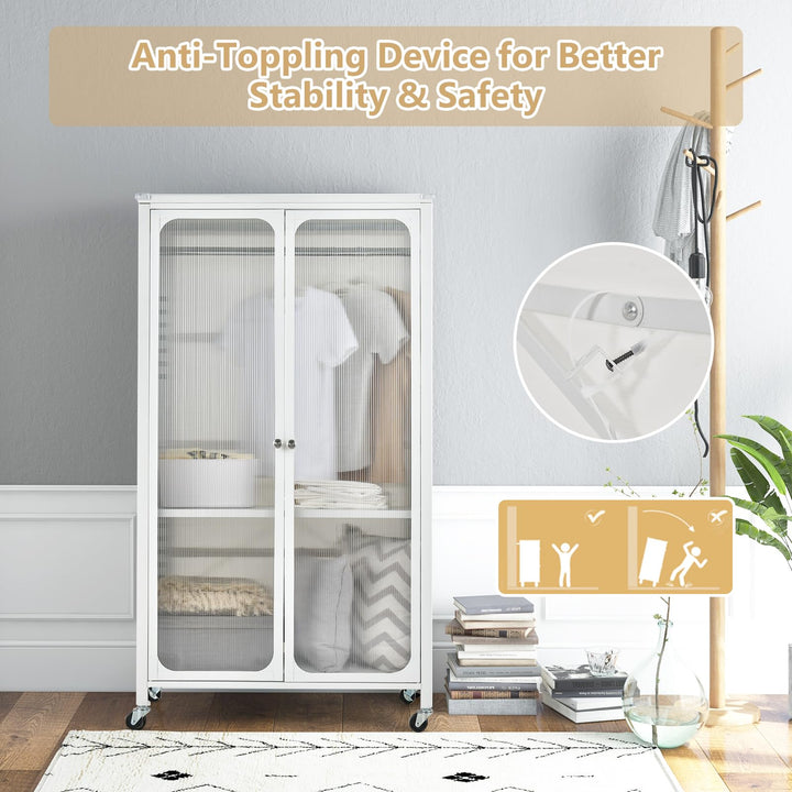 Portable Closet with Rollers, Mobile Metal Armoire Closet with Hanging Rod