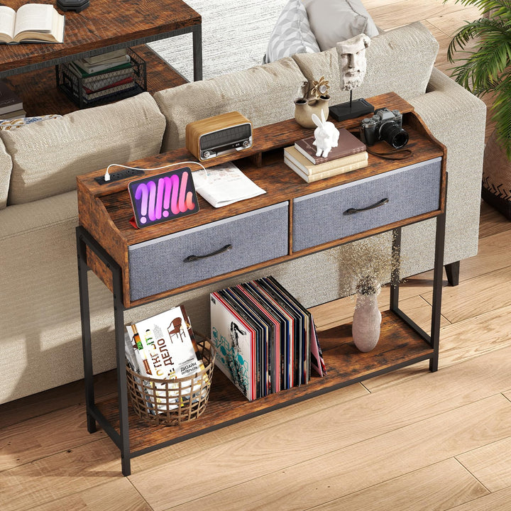 GIANTEX 43" Narrow Console Table with Charging Station &amp; 2 Drawers