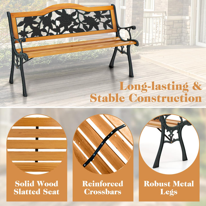 Giantex Outdoor Bench, Garden Bench with Slatted Seat, Curved Armrests, Flower Pattern Backrest, 470 Lbs Capacity