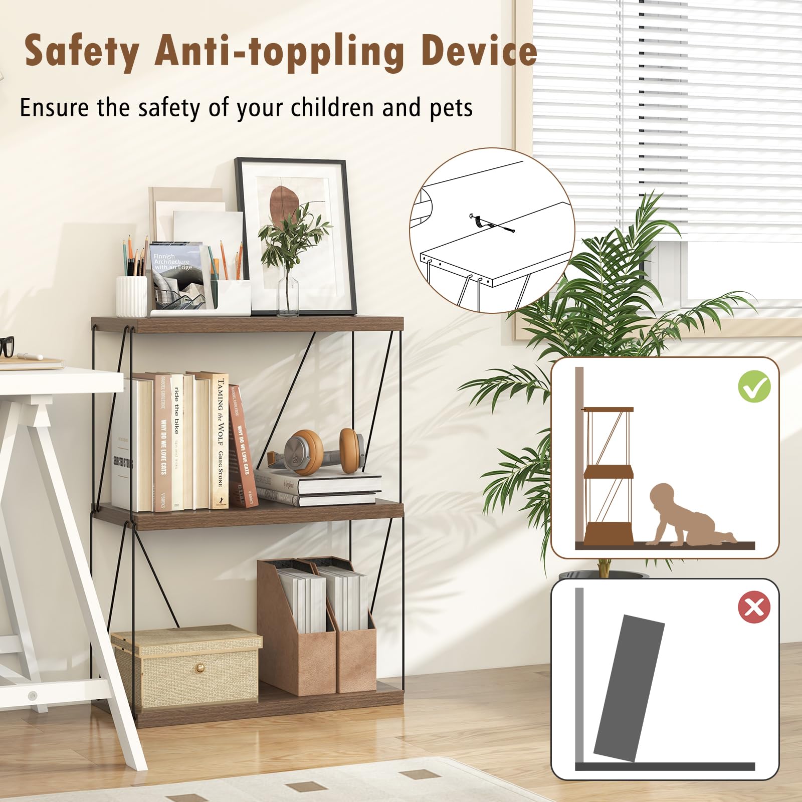 Giantex 3-Tier Open-Back Bookshelf, Freestanding Display Rack, Metal Frame Storage Shelf