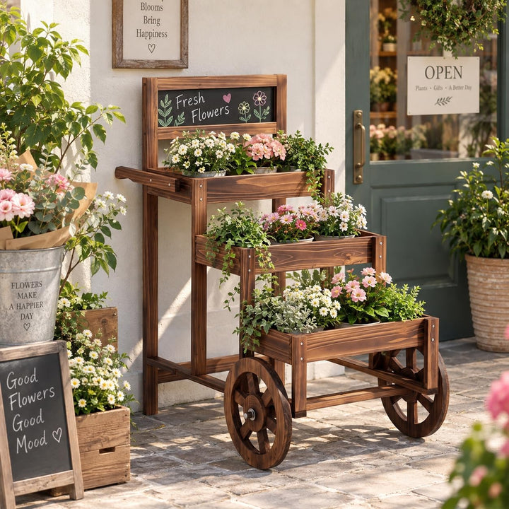 GIANTEX 3-Tier Wooden Plant Stand with Chalkboard &amp; Wheels