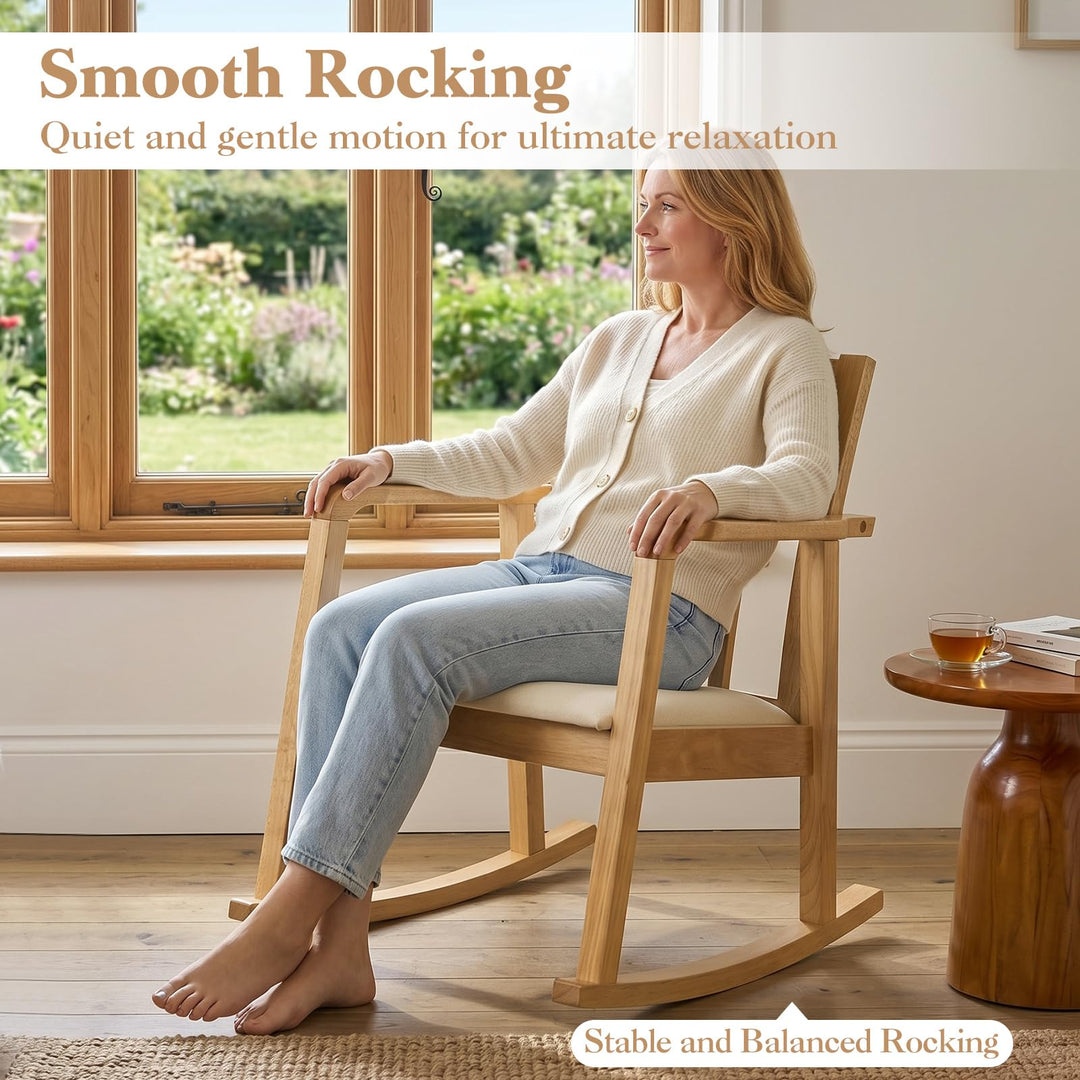 Giantex Wooden Solid Rubber Wood Rocker with Fabric Upholstered Seat (1/2)