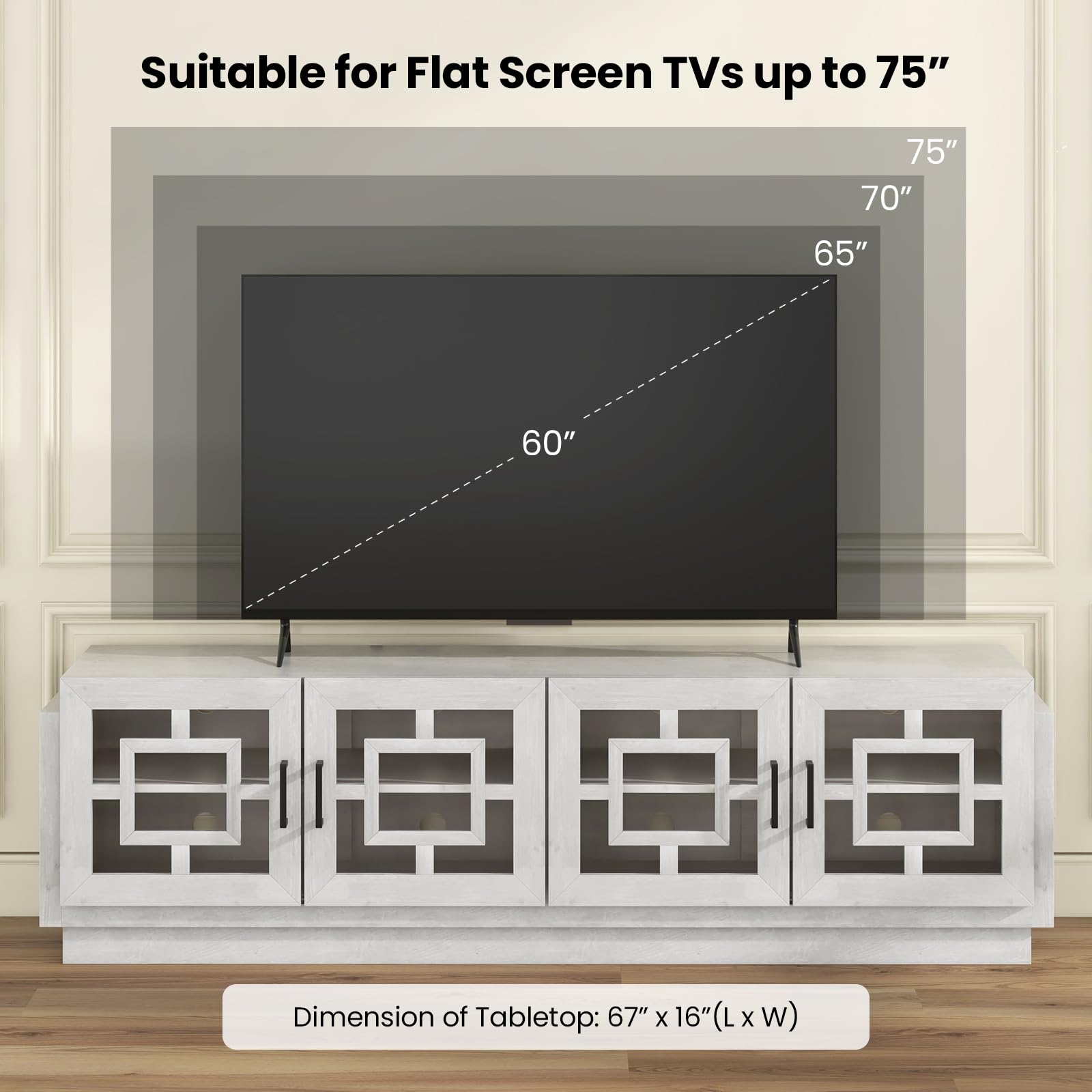 Giantex Farmhouse TV Stand for TVs up to 75”, 4-Door Glass Entertainment Center with 2 Cabinets