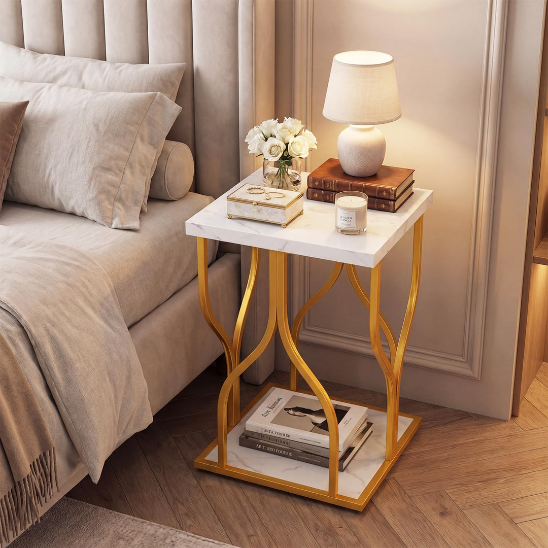 Giantex 2-Tier End Table with Storage Shelf &amp; Gold Petal-Inspired Geometric Metal Frame