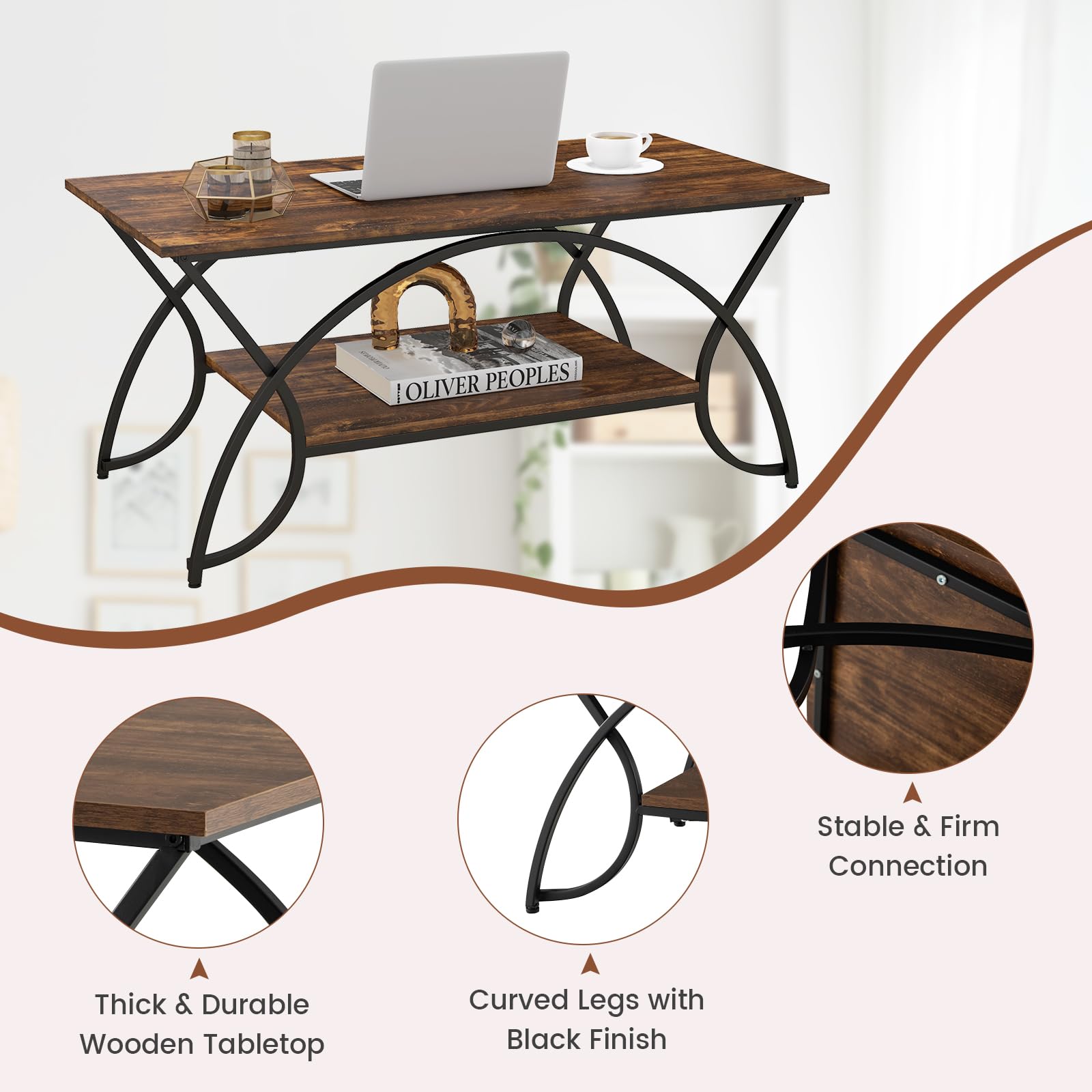 Giantex 2-Tier Rectangular Coffee Table, Modern Chic Cocktail Table with Open Storage Shelf, White/Gold