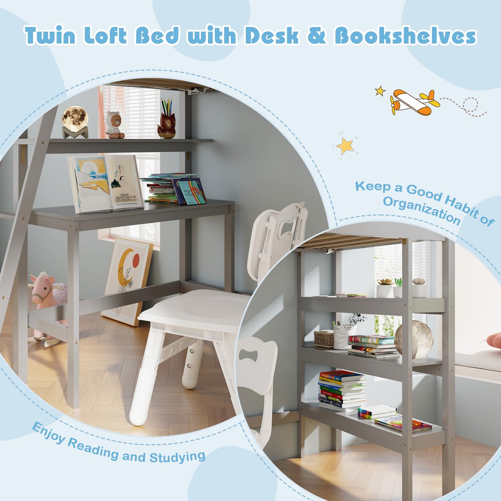 Giantex Loft Bed with Desk & Bookshelves
