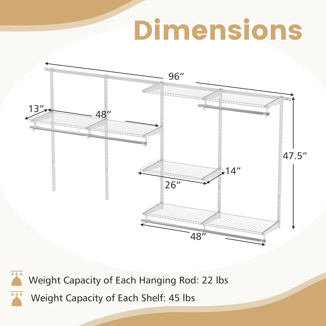 Giantex Closet Organizer System 4-8 FT Wall-Mounted Closet Shelves and Rod