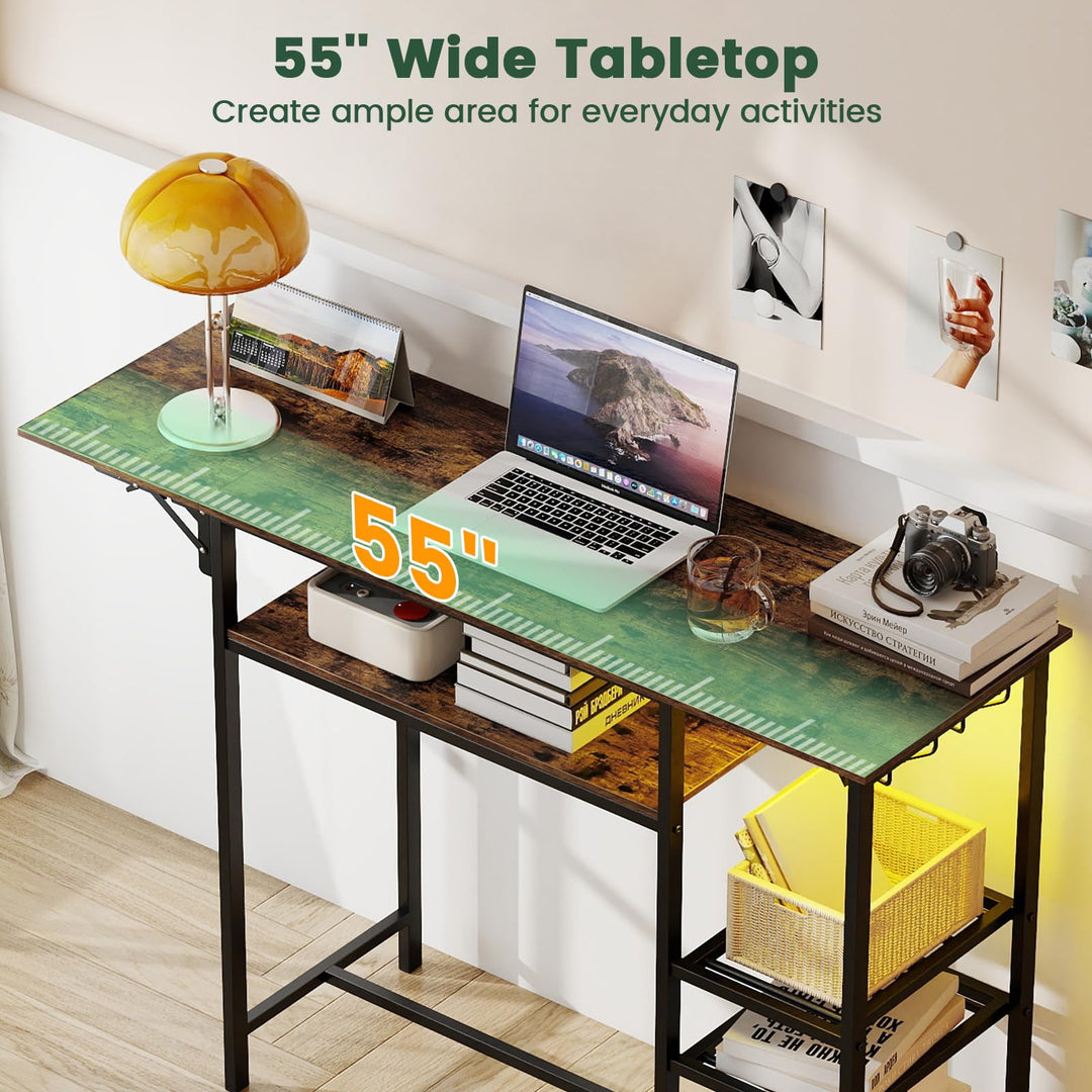 55" Drop-Leaf Counter Height Bar Table with LED Light and Remote Control for Small Space