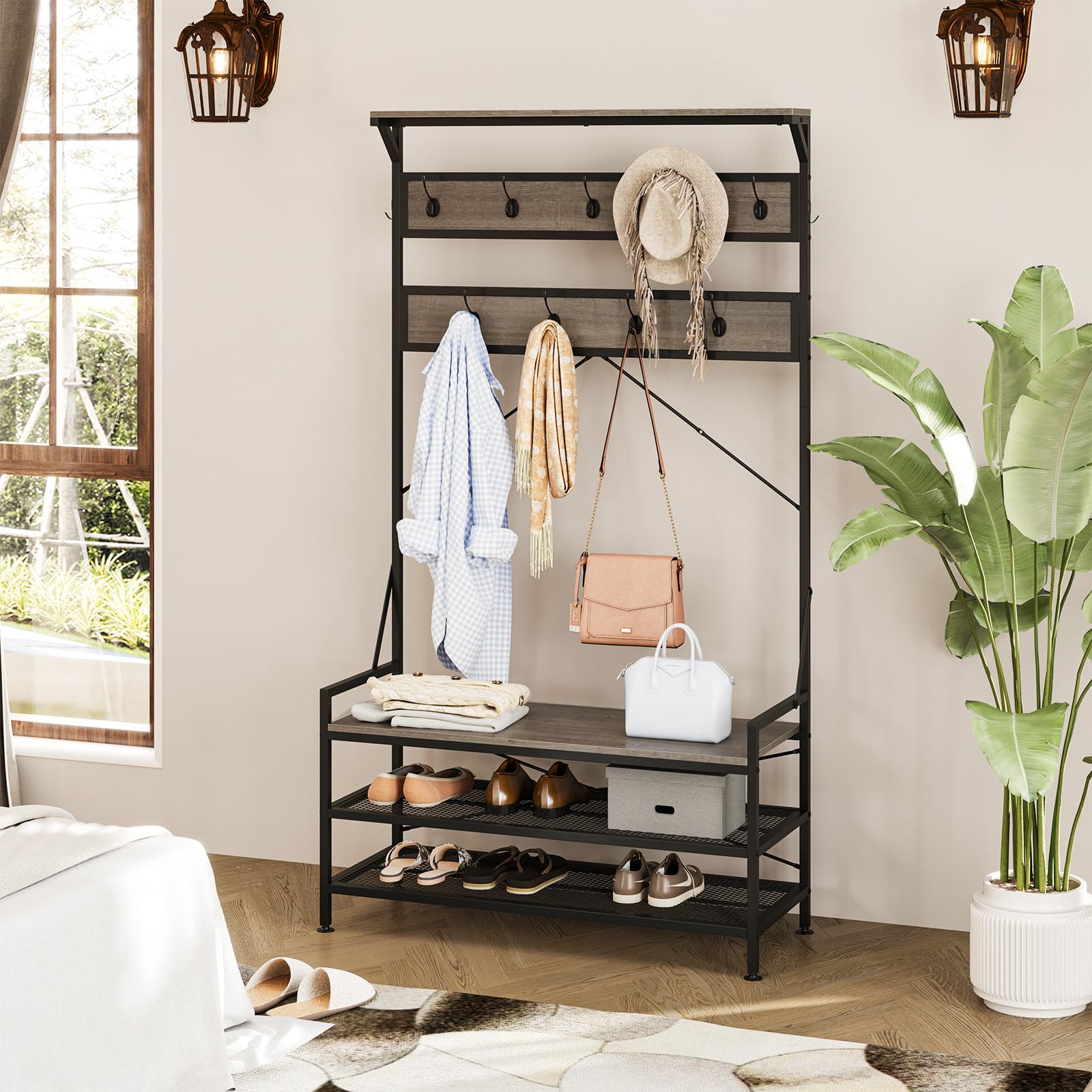 Giantex Freestanding Hall Tree with Shoe Storage Rack and 11 Hanging Hooks