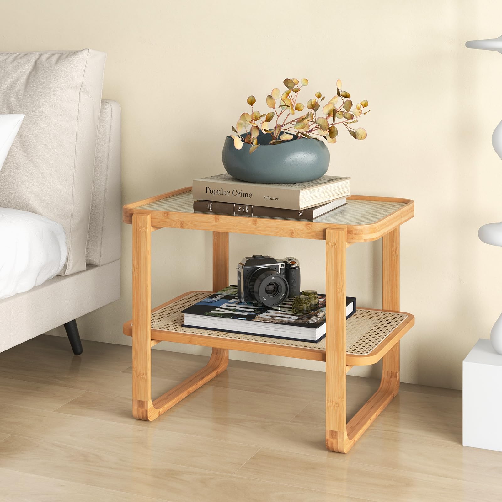 Giantex Rattan Side Table, Boho End Table with Glass Top and 2-Tier Storage Shelves