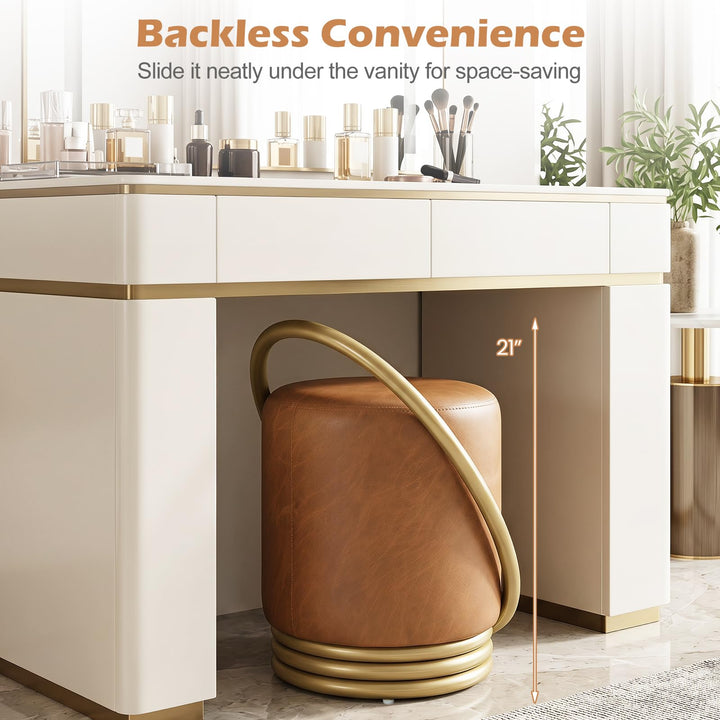 Giantex Modern Round Vanity Stool with Gold Halo Metal Accent