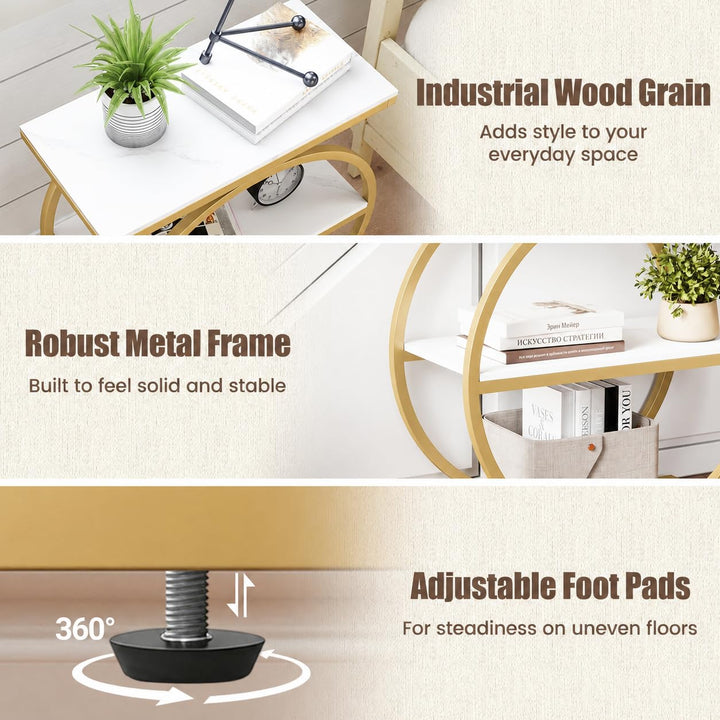 GIANTEX 3-Tier Faux Marble Narrow End Table with Storage &amp; Gold Geometric Metal Frame (1/2)